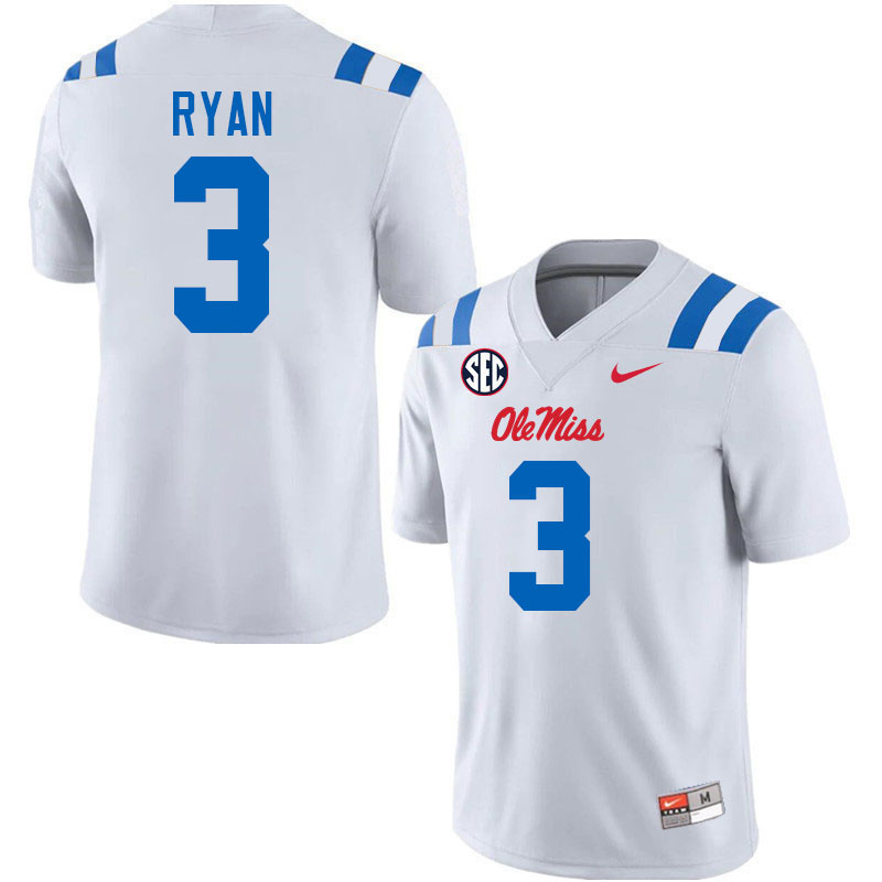 Ole Miss Rebels #3 Sage Ryan College Football Jerseys Stitched-White